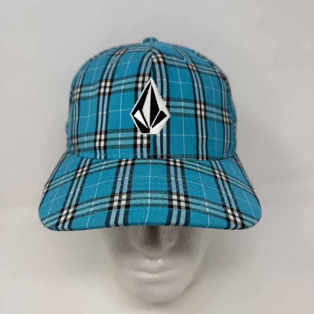 Vtg Volcom Mens Plaid Flexfit Hat Turquoise Blue Stone‎ Logo Baseball Cap L-XL